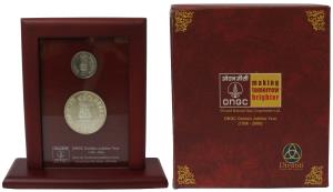 2006 V.I.P. Proof Set, 50 Years of ONGC, set of 2, Rupees 5 and 50 with stand. In immacula