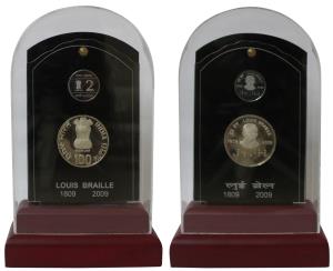 2009 V.I.P. Proof Set, 200th Birth Anniversary of Louis Braille, set of 2, Rupees 2 and 10