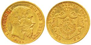 Belgium, Leopold II, Gold 20 Francs, 6.5g, 1874 (KM 37). About Extremely Fine.
