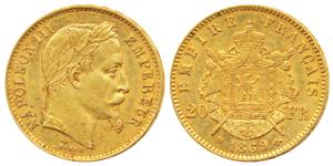 France, Napoleon III, Gold 20 Francs, 6.44g, 1869 BB, Paris Mint, obv. laureate head, rev.