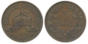 German East Africa, Copper 5 Heller, 19.96g, 1908 J, (KM11). Extremely Fine, Scarce.