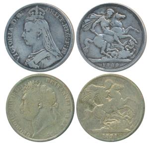 Great Britain, Silver Crown (2), George IV, 1821; Victoria, 1889 (KM 680.1 & 765). Fine an