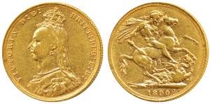 Great Britain, Victoria, Gold Sovereign, 8g, 1890, Jubilee head, St. George slaying a drag
