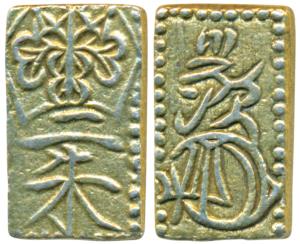 Japan, Iyesada, Shogun, Gold Bu (Ni-bu), 1.57g, Ansei era, obv. Legend and floral patterns