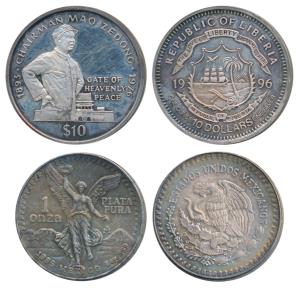 Liberia & Mexico, Silver One Ounce (2), the first $10, 1996. Extremely Fine. (2)