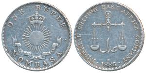 Mombasa, Silver Rupee, 11.5g, 1888 H (KM 5). Very Fine+, Rare.