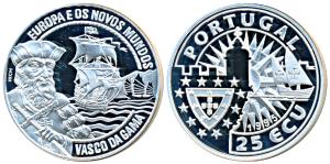 Portugal, Silver 25 Escudos, 28g, 1995, obv. Vasco Da Gama and his ships. Proof, Rare, Sca