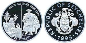 Seychelles, Silver 25 Rupees, 31.1g, 1995, obv. Vasco Da Gama and the Malabar Coast. Proof