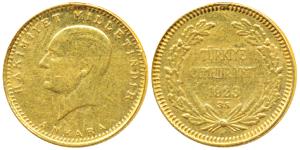 Turkey, Ataturk, Gold 50 Kurush, 3.58g, Ankara Mint, 1923 AD (KM 853). Ex-mount, Very Fine