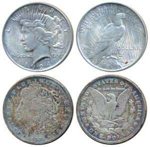 United States of America, Silver Morgan Dollar & Peace, each 26.7g, 1921 (KM 110). Very Fi