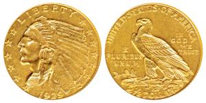United States of America, Gold $ 2½, 4.11g, 1929, Indian Head on obv. motto behind eagle o