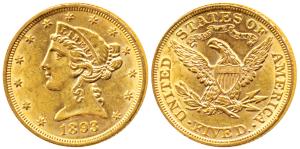 United States of America, Gold $5, 8.25g, 1893, Liberty head on obv., motto above eagle on