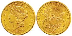 United States of America, Gold $20, 33.4g, 1877, Liberty head on obv., motto above eagle o