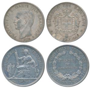 French Indo-China, Piastre, 1904; Greece George I, 5 Drachma 1875. Extremely Fine and Very