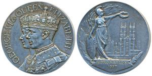 The Accession of King George VI and Queen Elizabeth, 1937, rev. Britannia standing, holdin
