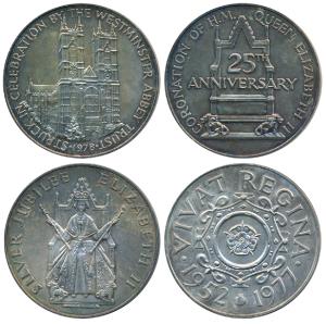 Great Britain, Elizabeth II, Silver Medallion (2), each 88g, Silver Jubilee of the Coronat