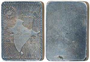 Silver Bar, Ms. Manilal Chimanlal & Co, 10 Tolas, 116.5g, obv. map of undivided India, Uni