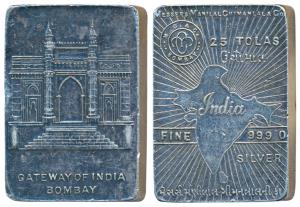 Silver Bar, Ms. Manilal Chimanlal & Co, 25 Tolas, 291g, obv. map of undivided India, rev. 
