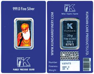 Silver Bar, 20g, obv. Guru Nanak in colour, rev. purity and the name of the manufacturer. 