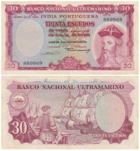 Indo-Portuguese, 30 Escudos, 7th issue, 1959, Banco Nacional Ultramarino, (J&R 12.35.2). V