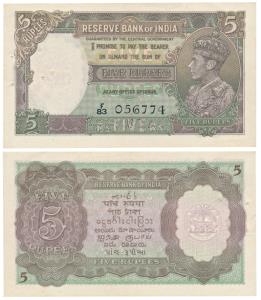George VI, Rupees 5, 1st Issue, 1938, signed J. B. Taylor, Prefix F (J&R 4.3.1). About Unc