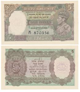 George VI, Rupees 5, 1st issue, 1944, signed C. D. Deshmukh, Prefix M (J&R 4.3.2). Uncircu