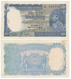 George VI, Rupees 10, 1st issue, 1938, signed J. B. Taylor, Prefix F (J&R 4.5.1). Slight s