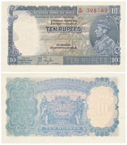 George VI, Rupees 10, 1st issue, 1938, signed J. B. Taylor, Prefix G (J&R 4.5.1). Uncircul