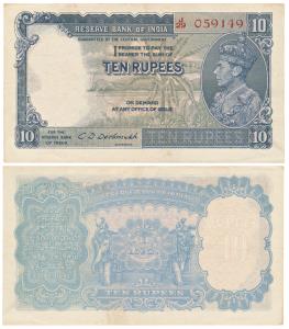 George VI, Rupees 10, 1st issue, 1944, signed C.D. Deshmukh, Prefix J (J&R 4.5.2). Extreme