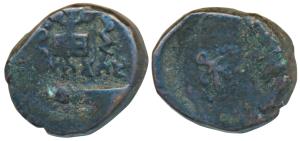Kaushambi, Agnimitra (c. 200 BC), Copper, 3.79g, obv. tree-in-railing in centre, verticall