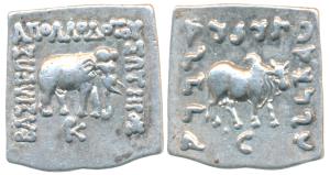 Indo-Greeks, Apollodotus I, Silver Square Drachm, 2.43g, Bilingual series, obv. an Indian 