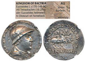 Indo-Greek, Baktria, Eukratides I (c. 171-145 BC), Silver Tetradrachm, obv. diademed and d