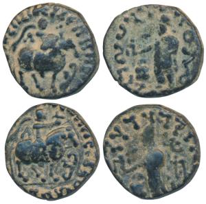 Indo-Scythians, Azes II (c. 35 BC - 5 AD), Copper Drachm (2), 2.3g & 2.43g, obv. king moun