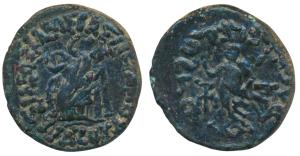 Indo-Scythians, Azes II, Copper Pentachalkon, 12.56g, obv. city goddess seated on a throne