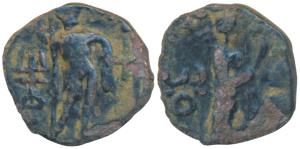 Kushan, Vima Takto (c. 80-100 AD), Copper Unit, 1.42g, obv. standing figure holding triden