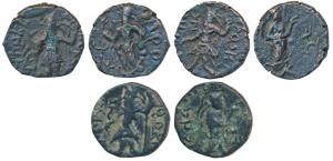 Kushanas, Kanishka, Copper ¼ Unit, obv. king standing sacrificing at fire altar with Greek