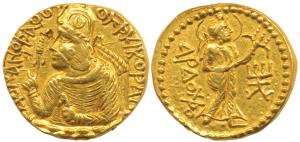 Kushanas, Huvishka, Gold Dinar, 7.83g, obv. obv. nimbate and helmeted bust of the king eme