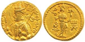 Kushanas, Huvishka, Gold Dinar, 7.87g, obv. nimbate and helmeted bust of the king emerging