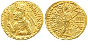 Kushanas, Huvishka, Gold Dinar, 7.9g, obv. diademed and crowned half- length bust of the k