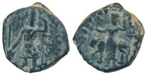 Kushanas, Vasudeva I (c. 195-230 AD), Copper Unit, 8.92g, obv. king nimbate standing left,