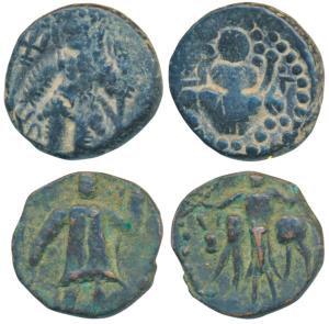 Kushanas, Vasudeva I, Copper Unit, 4.12g, obv. king nimbate standing left, holding a tride