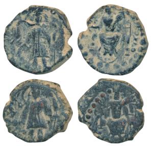 Kushanas, Vasudeva I, Copper Unit (2), obv. king nimbate standing left, holding a trident 