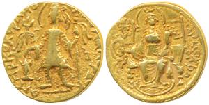 Kushanas, Kanishka II, Gold Dinar, 7.75g, obv. king standing left, holding a trident in ri