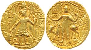 Kushanas, Kanishka II, Gold Dinar, 7.78g, obv. king nimbate standing left, holding a tride