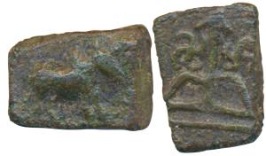 Cheras, Sangam Age (c. 300 BC-300 AD), Copper, 2.20g, obv. bull standing right, rev. bow &