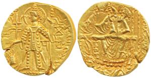 Later Kushanas, Mahi (c. 300-305 AD), Gold Dinar, 7.79g, obv. king nimbate standing left, 