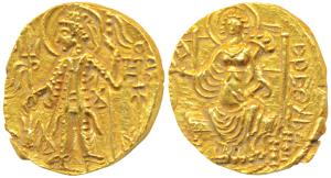 Later Kushanas, Shaka, Gold Dinar, 7.81g, obv. king nimbate standing left, holding a tride