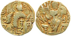 Kidara Kushanas, Gold Dinar, 7.89g, obv. king standing right with trident and banner, fire