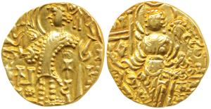 Kidara Kushanas, Gold Dinar, 7.79g, obv. king standing right with trident and banner, fire