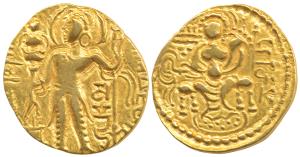 Guptas, Samudragupta, Gold Dinar, 7.44g, ’Standard’ type, obv. king nimbate, standing faci